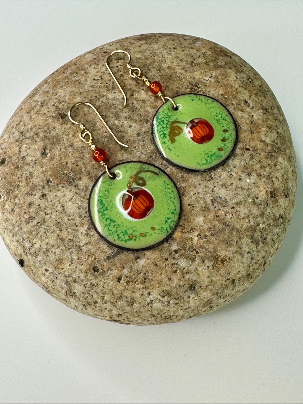 Handcrafted Green Enamel Pumpkin Drop Earrings